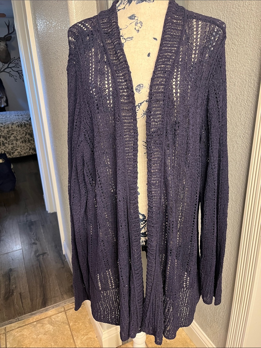 Coldwater Creek Open-Front Navy Blue Crochet Cardigan